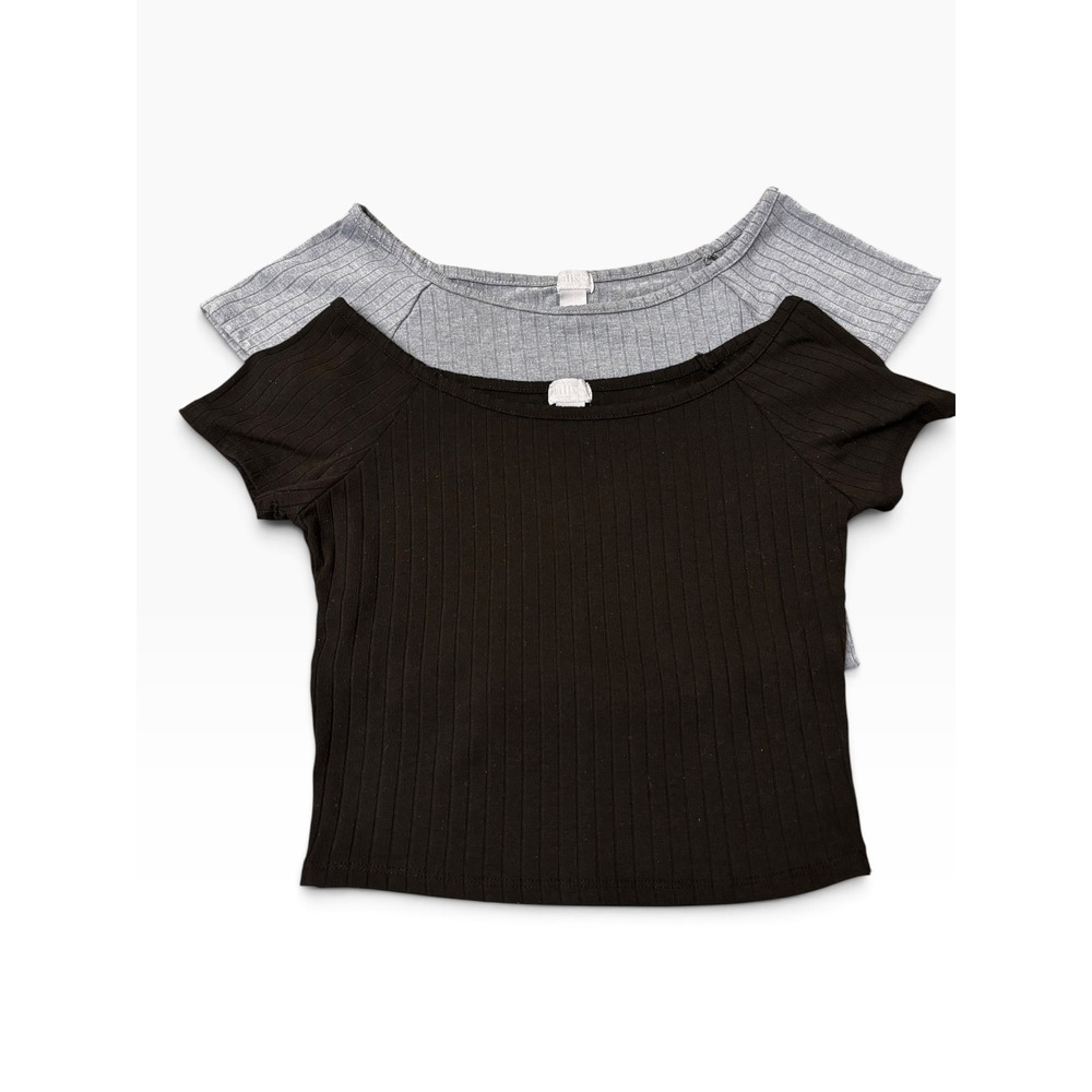 Tilly's Ribbed Crop Top 2 Pack Black Heather Grey Scoop Neck Short Sleeve S